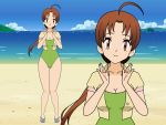  1_girl 1girl alluring beach delia_ketchum female female_human female_only green_swimsuit hanako_(pokemon) human looking_at_viewer milf mostly_nude one-piece_swimsuit outdoor outside pokemon solo standing swimsuit 