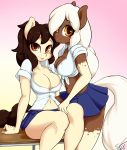  2girls animal_ears anthro big_breasts black_hair breasts cleavage clothing desk equine friendship_is_magic fur furry gradient_background hair legs long_hair looking_at_viewer multiple_girls my_little_pony school_uniform shirt skirt smile tail thick_thighs white_hair yellow_eyes 