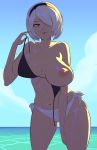  1girl alluring bare_shoulders beach big_breasts bikini black_bikini black_swimsuit blue_eyes breasts hair_ornament high_resolution huge_breasts lipstick makeup midriff mole mole_under_mouth navel nier:_automata nier_(series) nipples no_blindfold ocean one_breast_out playzholder shiny shiny_skin short_hair standing swimsuit thick_thighs thighs undressing very_high_resolution white_hair yorha_no._2_type_b 