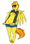  1girl 2013 anthro anthrofied avante92 biped breasts clothing digital_media_(artwork) equine eyewear feathered_wings feathers flashing friendship_is_magic fur furry hair high_res long_tail mammal my_little_pony navel nipples orange_eyes orange_hair orange_tail pegasus pose pussy shirt short_hair shorts simple_background spitfire standing sunglasses undressing white_background wings wonderbolts yellow_feathers yellow_fur yellow_nipples 