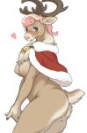  1girl anthro antlers bell blush breasts cape cervine christmas clothing collar fur furry hair heart holidays horn kikurage looking_at_viewer mammal mantle nude pink_eyes pink_hair reindeer simple_background white_background 