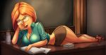 1girl bare_midriff breasts chalkboard classroom cleavage desk family_guy female_only glasses heels huge_breasts lois_griffin looking_at_viewer milf mini_skirt miniskirt on_desk on_side reclining redhead sex_ed shoes skirt strike-force teacher