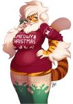 1girl anthro big_breasts breasts buxbi buxbi_(character) candy candy_cane clothing feline food fur furry hair legwear looking_at_viewer mammal original slightly_chubby stockings stripes sweater thick_thighs tiger voluptuous white_background white_hair wide_hips yellow_eyes