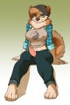 1girl anthro beanie big_breasts breasts bulge canine clothed clothing dickgirl dog erect_nipples erection eyewear furry glasses gradient_background green_background half-closed_eyes hat headgear humanoid_penis intersex kittydee looking_at_viewer mammal mitsu_(character) mitsu_(kabier) navel nipples penis shiba_inu simple_background sitting smile testicles unzipped