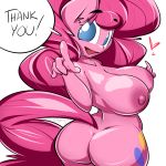  1girl 2015 anthro anthrofied areola ass big_breasts blue_eyes breasts cutie_mark earth_pony english_text equine friendship_is_magic furry hair high_res horse long_hair looking_at_viewer mammal my_little_pony nipples nude open_mouth pink_hair pinkie_pie pointing pony sanders simple_background smile text white_background 
