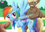  1girl 2boys blush breasts bridle cutie_mark equestria_untamed erection friendship_is_magic from_behind looking_at_viewer my_little_pony penis rainbow_dash sex tagme tail wings 