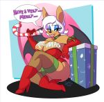 1girl 2015 alpha_channel anthro bat big_breasts boots breasts candy candy_cane christmas cleavage clothed clothing food footwear furry gift gloves high_res holidays huge_breasts improvised_dildo improvised_sex_toy legwear mammal rouge_the_bat sega stockings teer wings