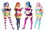  4girls aria_blaze big_breasts blue_hair breasts equestria_girls fluttershy friendship_is_magic green_eyes hair light_skin long_hair looking_at_viewer miniskirt multicolored_hair my_little_pony pink_eyes pink_hair ponytail purple_eyes purple_hair smile sonata_dusk sunset_shimmer twin_tails white_background 