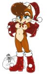  1girl anthro bag boots breasts cartoon christmas furry nipples presents pussy sally_acorn simple_background smile sonic sonic_the_hedgehog suggestive transparent_background video_games 