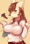 1girl anthro big_breasts blush breast_grab breasts brown_eyes brown_hair canine clothed clothing dog duo furry hair hand_on_breast japanese_text ksyaro long_hair looking_at_viewer mammal open_mouth original red_eyes surprise sweater text unknown_species