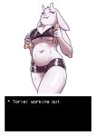  1girl anthro belly big_breasts boss_monster breasts caprine cleavage closed_eyes clothed clothing english_text eyelashes fangs female female_only fur furry goat john_doe mammal mature_female monster navel shorts slightly_chubby smile sweat text toriel towel underboob undertale video_games white_background white_fur 