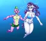  1boy 1girl abs age_difference armpits barefoot belly_button big_breasts bikini breasts bubble cleavage clothes curvy drowning duo feet female friendship_is_magic gradient_background hasbro holding_breath holding_hands male muscle my_little_pony pia-sama puffy_cheeks rarity rarity_(mlp) shorts size_difference smaller_male spike spike_(mlp) straight swimming swimsuit tagme underwater wide_hips 