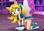  1girl all_fours anthrofied bbmbbf blue_eyes boots bottomless breasts breasts_out_of_clothes female_human female_only furry maria_robotnik mobius_unleashed open_mouth palcomix sega smile sonic_(series) sonic_the_hedgehog_(series) tail yellow_fur 
