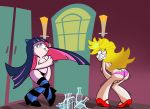 ass black_panties blonde_hair blue_eyes breasts covering_breasts covering_self female_only goth grimphantom grimphantom_(artist) high_heels long_hair multicolored_hair panties panty_&amp;_stocking_with_garterbelt panty_(psg) panty_anarchy pink_panties shiny shiny_skin shoes sister sisters stocking_(psg) stocking_anarchy stockings topless topless_female