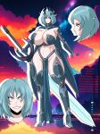 armor blue_eyes blue_hair cape character_sheet ninja-8004 original_character pointy_ears sword tiara voluptuous