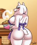 1girl 2016 2d 2d_(artwork) alternate_version_available anthro anthro_only apron artist_name ass big_breasts blush boss_monster breasts caprine cleavage clothed clothing digital_media_(artwork) drako1997 female_only food fur furry goat hair horn looking_back mammal naked_apron nipples nude pie purple_apron pussy smile toriel undertale undertale_(series) video_games white_fur