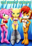  3girls amy_rose animal_ears ass bbmbbf blue_eyes breasts brown_hair eyelashes furry green_eyes hair lingerie looking_at_viewer mobius_unleashed multiple_girls nona_(dakina) palcomix pink_hair sally_acorn sega short_hair smile sonic_(series) sonic_the_hedgehog_(series) tail text the_best_of_friends 