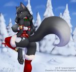  1girl 1girl 2015 anthro areola ass big_breasts big_tail black_fur black_hair blue_eyes breasts canine clothed clothing corset digital_media_(artwork) fluffy_tail fur furry hair hindpaw long_hair looking_at_viewer looking_back mammal nipples one_leg_up pawpads paws popcornpanic roundscape_adorevia seductive skimpy smile snow snowman tree white_sclera winter wolf 