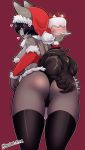  1girl anthro arm_sleeves ass big_ass big_breasts black_hair blush breasts buried_frog cake canine christmas clothed clothing food furry hair heart highres holidays kemono legwear lingerie looking_at_viewer looking_back mammal panties red_background short_hair sideboob simple_background skimpy smile stockings underwear 