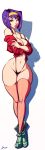  1_girl breasts cowboy_bebop crossed_arms faye_valentine full_body hair navel purple_hair solo thighhighs white_background wide_hips 