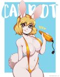  1girl 1girl 2021 absurd_res anthro areola bikini blonde_hair breasts cameltoe carrot_(one_piece) clothed clothing digital_media_(artwork) english_text eyelashes furry hair hand_behind_back high_res holding_object lagomorph leporid looking_at_viewer mammal minkmen_(one_piece) navel one_piece rabbit short_hair simple_background sling_bikini swimwear text tongue tongue_out ziffir 