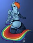 1girl 2015 absurd_res almondhusky anthro anthrofied ass clothed clothing equine feathered_wings feathers friendship_is_magic furry gradient_background hair high_res legwear looking_at_viewer mammal multicolored_hair multicolored_tail my_little_pony pegasus rainbow_dash rainbow_hair rainbow_tail wings