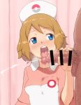  1boy 1girl alternate_costume bangs bar_censor blonde_hair blue_eyes blush body_hair censored chiwino clothed_female_nude_male clothed_sex cum curtains dark_skin ejaculation fellatio hair handjob hat headgear hetero indoors leg_hair licking licking_penis light_brown_hair looking_at_another male_pubic_hair nose_blush nude nurse nurse_cap open_mouth oral penis pokemon pokemon_(anime) pokemon_(game) pokemon_xy pubic_hair saliva serena serena_(pokemon) short_hair small_breasts smegma solo_focus testicles tongue tongue_out upper_body wavy_hair 