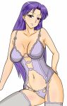  1girl blush breasts lingerie long_hair panties purple_hair underwear white_background 