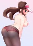  ass breasts cap gradient_background looking_back mei_(pokemon) panties pastelletta_(artist) pokemon pokemon_bw2 rosa see-through smile topless 