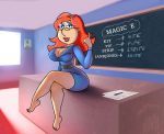  big_breasts breasts chalkboard classroom family_guy glasses hair hentai_edit lois_griffin long_hair looking_at_viewer no_shoes on_desk skin_tight_dress smile teacher toes 
