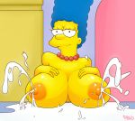  big_breasts blue_hair breasts female hair hand_on_breast huge_breasts long_hair marge_simpson milf milk necklace nipple nipples pbrown pearls smile solo the_simpsons whoa_look_at_those_magumbos woman yellow_skin 