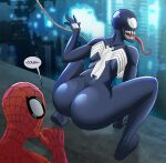  1boy 1girl 2020 alien ass big_ass dat_ass female long_tongue male marvel marvel_comics nikoalecsovich peter_parker she-venom spider-man spider-man_(series) squatting symbiote teeth text thick_thighs tongue tongue_out very_long_tongue white_eyes 