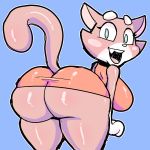  1girl 1girl anthro ass bent_over big_ass big_breasts blue_background blue_eyes breasts cat clothed clothing feline looking_at_viewer mammal open_mouth sechomi11 shima_luan simple_background super_planet_dolan 