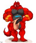  1_boy 1_male 1boy 1male 1man balls big_balls big_penis canine clothing erection erection_under_clothes furry furry_only hands_on_hips humanoid_penis hyper hyper_muscles red_skin uniparasite 