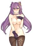  1girl 1girl 1girl angry big_breasts blush breasts clenched_teeth earrings genshin_impact gloves high_resolution jewelry keqing leggings long_hair looking_away purple_eyes purple_hair simple_background teeth topless tridisart very_high_resolution white_background 