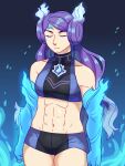  1girl 1girl abs absurd_res alluring athletic_female bikini breasts brighid brighid_(xenoblade) closed_eyes collarbone cowboy_shot female_abs fire fit_female frogbians gloves high_res long_hair micro_shorts nintendo purple_hair shorts simple_background split_mouth stomach swimsuit thighs xenoblade_(series) xenoblade_chronicles_2 