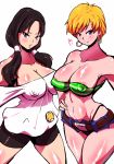  2girls bare_shoulders belt big_breasts black_hair blonde_hair blue_eyes blush breasts cleavage dragon_ball dragon_ball_z earrings erasa female hair heart jewelry long_hair looking_at_viewer midriff multiple_girls navel nipples open_mouth rickert_kai short_hair short_shorts shorts smile twin_tails twintails videl white_background 