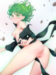  1girl angry ass battle_damage black_dress blush breasts clothing curly_hair decensored dress female_focus flipped_hair green_eyes green_hair high_resolution light-skinned_female light_skin long_sleeves looking_at_viewer nopan one-punch_man petite pussy short_hair shpo simple_background small_breasts sweat tatsumaki tatsumaki_(one-punch_man) third-party_edit torn_clothes uncensored 