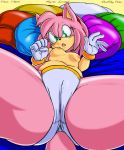  1girl absurd_res amy_rose anthro argento ass bed beige_skin black_nose blush breasts cameltoe clothed clothing deaddog digital_media_(artwork) english_text female female_only first_person_view foreshortening fur gloves green_eyes hair headband hedgehog high_res looking_at_viewer lying mammal multicolored_fur nipples on_back open_mouth panties pillow pink_fur pink_hair sega short_hair solo sonic_(series) spread_legs spreading text topless two_tone_fur underwear 