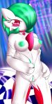 1girl abstract_background areolae artist_request breasts clitoris english_text female_only gardevoir green_hair green_nipples hand_on_hip looking_at_viewer necklace nipples pokemon pussy racing_suit red_eyes smile solo text undressing white_body zipper zipper_pull_tab
