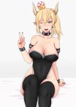  1girl ;) ;p areola areola_slip arm_support bangs bare_shoulders bed black_collar black_legwear black_leotard black_nails blonde_hair blue_eyes bowsette bracelet breasts cleavage collar covered_navel crown fangs hair_between_eyes horns jewelry large_breasts leotard long_hair looking_at_viewer nail_polish new_super_mario_bros._u_deluxe one_eye_closed open_mouth pointy_ears ponytail sitting spiked_bracelet spiked_collar spikes stockings super_mario_bros. thighs tongue tongue_out v wink 