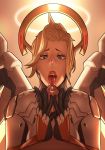 1boy 1girl blonde_hair blue_eyes erection eyebrows eyelashes female_focus hair halo male mercy_(overwatch) nude overwatch penis solo_focus teeth tongue tongue_out unseen_male_face