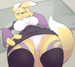  1girl 2016 anthro big_breasts blue_eyes breasts cameltoe canine chest_tuft clothed clothing digimon digital_media_(artwork) dunks dunks_(artist) eyewear fox fur furry glasses gloves legwear long_ears looking_down low-angle_view mammal markings panties renamon simple_background stockings teacher thick_thighs tuft underwear upskirt white_fur wide_hips worm&#039;s-eye_view yellow_fur 