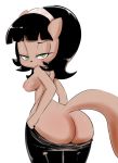  1girl ass black_hair blush breasts cat_ears furry green_eyes hearlesssoul kitty_katswell looking_at_viewer looking_back nipples short_hair smile t.u.f.f._puppy tail white_background 