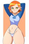  1girl abysswatchers arms_behind_head arms_up ben_10 blue_clothing blue_shirt cartoon_network female_only ginger green_eyes gwen_tennyson navel no_pants panties pantsless red_hair short_hair shorts stomach thick thick_thighs tummy wide_hips 