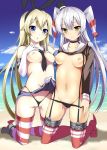  2girls 3: amatsukaze_(kantai_collection) anthropomorphization areola beach between_breasts black_panties blonde blue_eyes breasts cameltoe chestnut_mouth choker daive elbow_gloves full_body gloves grey_hair hair hair_ornament hair_ribbon high_resolution highleg highleg_panties kantai_collection kneel light-skinned medium_breasts multiple_girls navel neck_tie necktie_between_breasts nipples no_bra ocean panties panty_pull red_legwear ribbon sand school_uniform serafuku shimakaze_(kantai_collection) shirt_lift skirt skirt_lift stockings string_panties striped striped_legwear thong tied_hair twin_tails two_side_up underwear wavy_mouth wedgie whale_tail yellow_eyes 