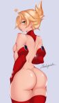  1girl 1girl 1girl ass blonde_hair blush breasts elbow_gloves fate/grand_order fate_(series) from_behind gloves green_eyes high_resolution long_hair looking_back mordred_(fate) nude sideboob stockings zealyush 
