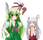  2girls ? buckle censored collared_shirt dress fujiwara_no_mokou green_dress hand_on_hip horns kamishirasawa_keine keine_kamishirasawa kerchief long_sleeves multiple_girls o_o pants penis puffy_short_sleeves puffy_sleeves red_eyes shirt short_sleeves simple_background surprised suspenders touhou white_background 