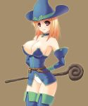 1girl abu arms_behind_back bare_shoulders blonde_hair blush boots bow bow_panties breasts choker cleavage detached_sleeves elbow_gloves erect_nipples fantasy_earth fantasy_earth_zero gloves hat huge_breasts large_breasts looking_at_viewer nipple_slip nipples no_bra orange_hair panties pink_eyes red_eyes short_hair simple_background slender_waist smile solo staff standing thigh_boots thighhighs underwear white_panties 