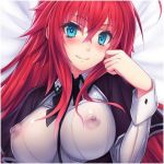  1girl ahoge areola areolae big_breasts blue_eyes blush breasts capelet erect_nipples hair_between_eyes high_school_dxd large_breasts long_hair long_sleeves looking_at_viewer nipples no_bra red_hair rias_gremory see-through smile solo transparent 